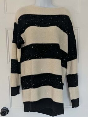 Interdee Paris 100%‎ Cashmere Striped Sequin Sweater Black Cream M/L Tunic
